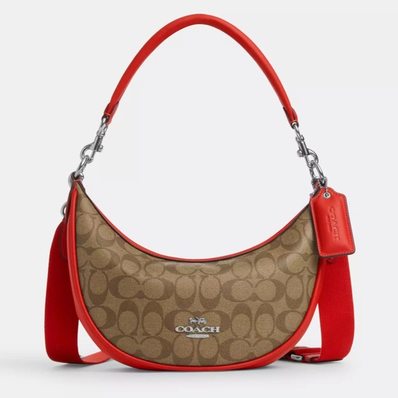 New❤️Coach Aria Shoulder Bag In Signature Canvas Red/Brown - Picture 2 of 5